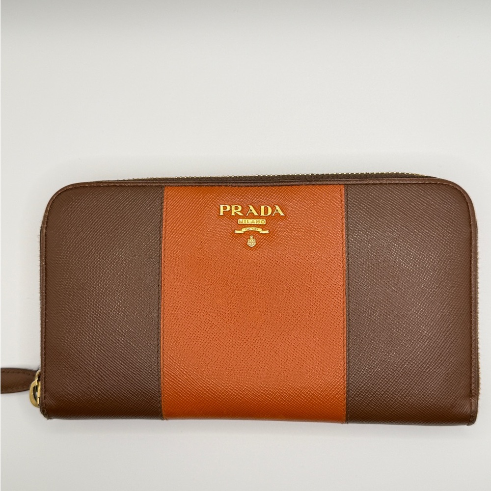 Prada Brown and Orange Saffiano Zip Wallet with Gold Logo